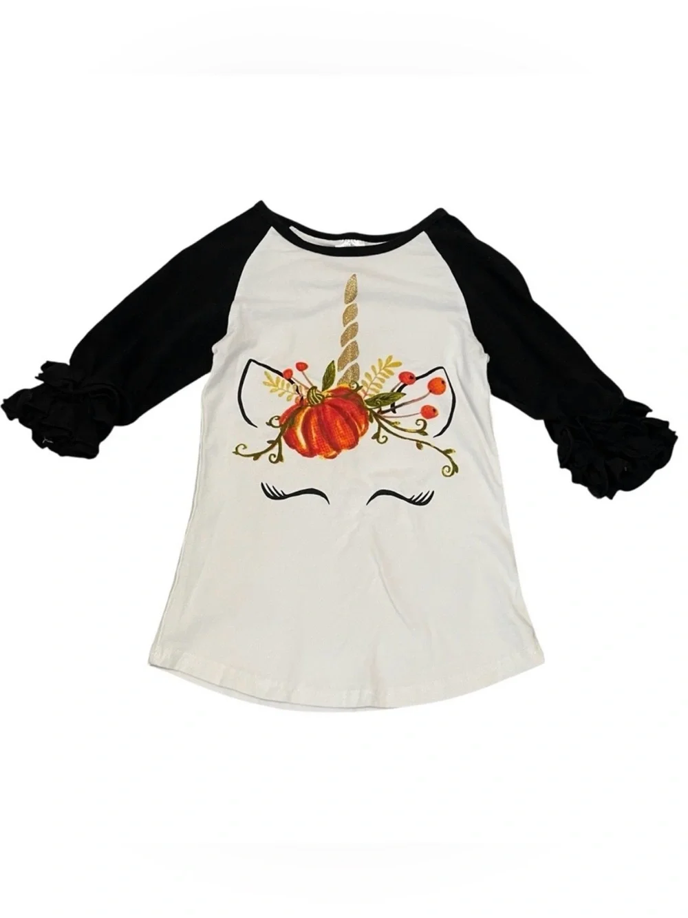 Girls Unicorn‎ Pumpkin Raglan Shirt with Black Ruffle Sleeve Size XL